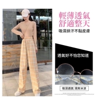 時尚格紋落地直筒寬褲/黑色