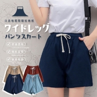 日系棉質 闊腿短褲裙/牛仔藍/加大
