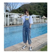 小紅書同款牛仔束腳吊帶褲/藍色2XL